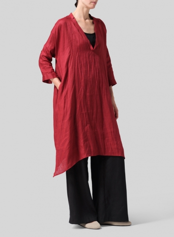 Dull Red Linen Roll Sleeve Deep V-neck Tunic