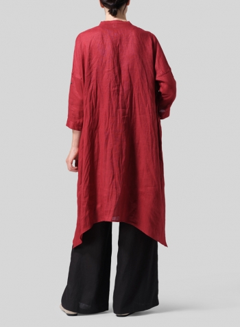 Dull Red Linen Roll Sleeve Deep V-neck Tunic