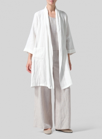 Ivory White Linen Open-Front Shawl Collar Jacket