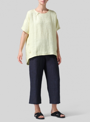 Soft Lime Jacquard Linen Relaxed Handmade Knot Buttons Top