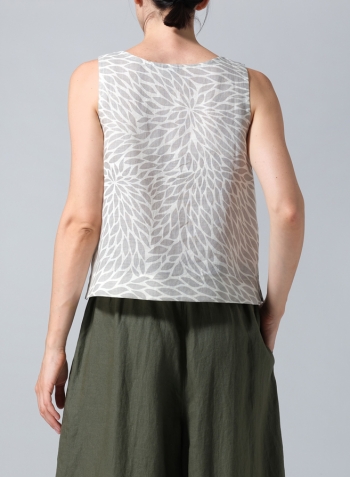 Khaki Leaf Linen Sleeveless U-neck Vest Top