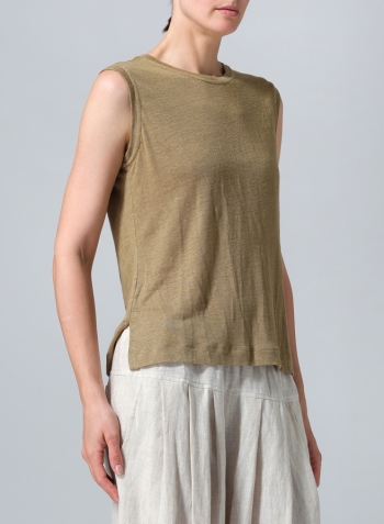 Olive Green Linen Knit Sleeveless Crew Neck Tank Top