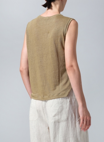 Olive Green Linen Knit Sleeveless Crew Neck Tank Top