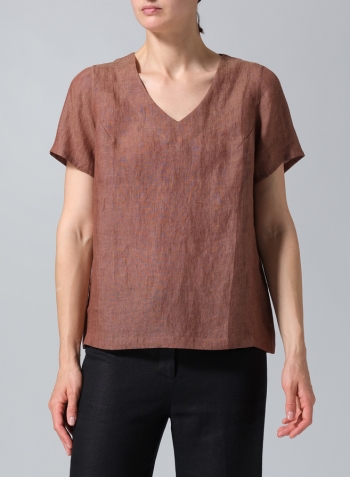 Cinnamon Linen V-neck Short-Sleeved Cropped Top​