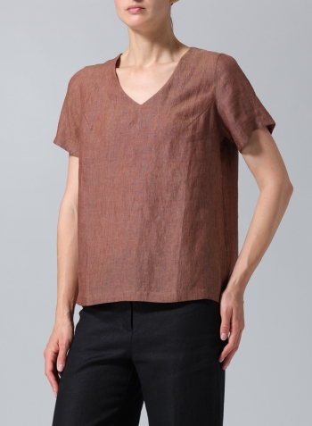 Cinnamon Linen V-neck Short-Sleeved Cropped Top​