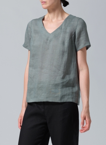 Green Gray Linen V-neck Short-Sleeved Cropped Top​