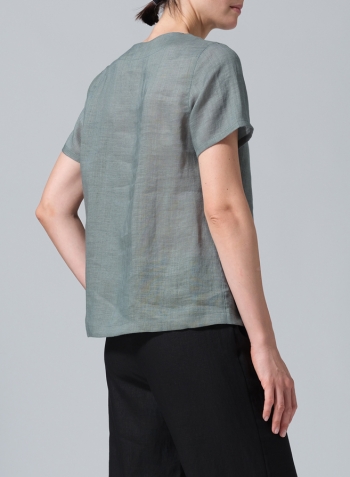 Green Gray Linen V-neck Short-Sleeved Cropped Top​
