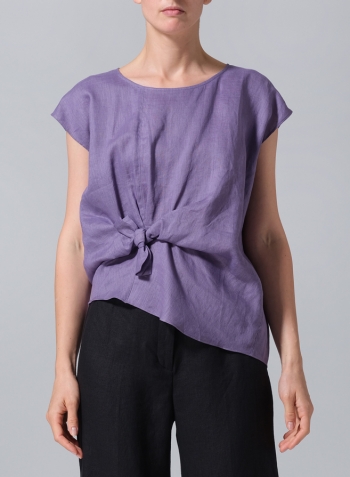 Purple Linen Waist Self-tied Ribbon Top