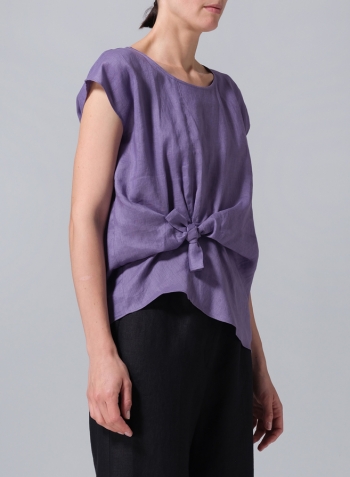 Purple Linen Waist Self-tied Ribbon Top
