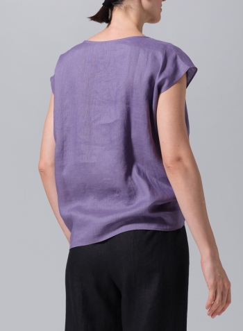 Purple Linen Waist Self-tied Ribbon Top