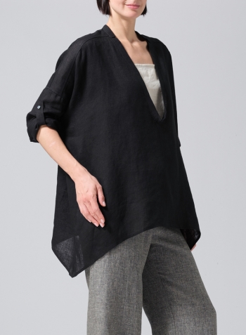 Black Linen Loose Delicate Deep V-neck Overtop