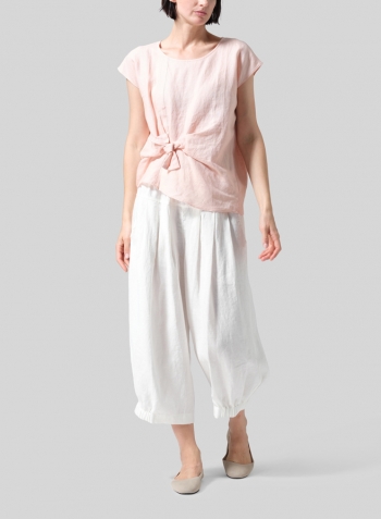Rose Pink Linen Waist Self-tied Ribbon Top