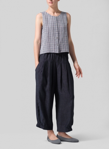 Navy Gray Madras Linen Sleeveless Top Tank Set