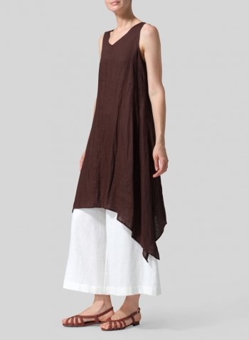 Brown Linen Sleeveless Crumple Effect Long Dress