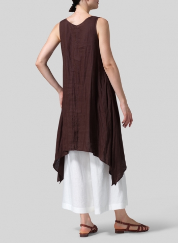 Brown Linen Sleeveless Crumple Effect Long Dress