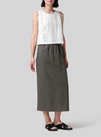 Dark Taupe Linen Midi-Length Straight Skirt