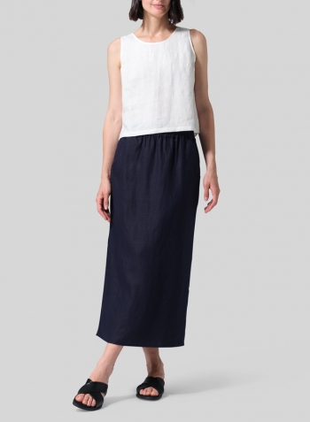 Dark Navy Linen Midi-Length Straight Skirt