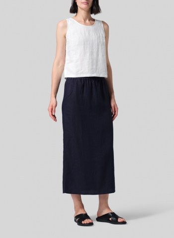 Dark Navy Linen Midi-Length Straight Skirt
