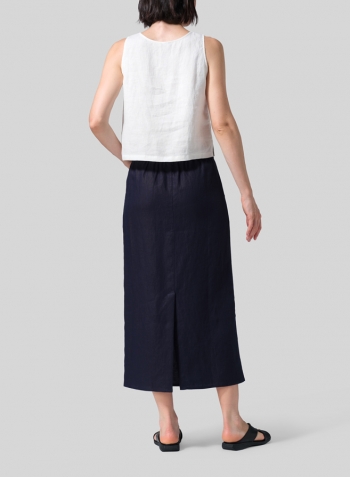 Dark Navy Linen Midi-Length Straight Skirt