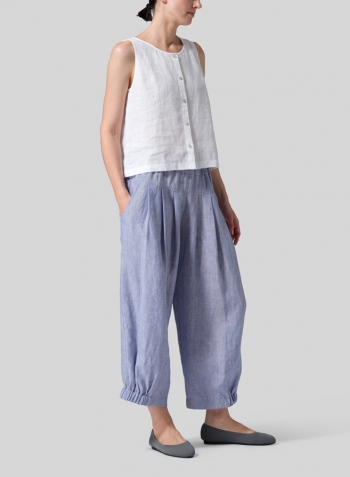 Two Tone Blue White Linen Crumple Effect Harem Pants (Long)