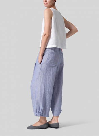 Two Tone Blue White Linen Crumple Effect Harem Pants (Long)