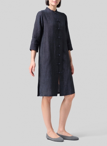 Smokey Blue Linen Handmade Chinese Knot Buttons Long Tunic