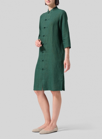 Green Linen Handmade Chinese Knot Buttons Long Tunic