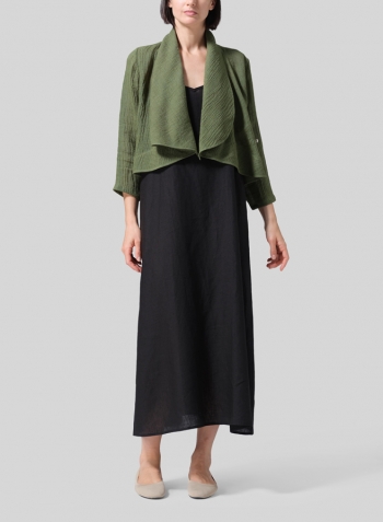 Dark Green Linen Three-quarter Sleeve Shawl Collar Short Jacket