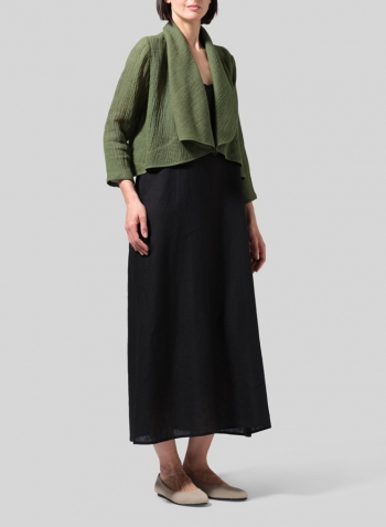 Dark Green Linen Three-quarter Sleeve Shawl Collar Short Jacket