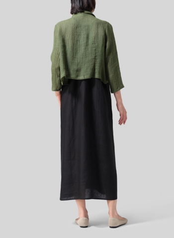 Dark Green Linen Three-quarter Sleeve Shawl Collar Short Jacket