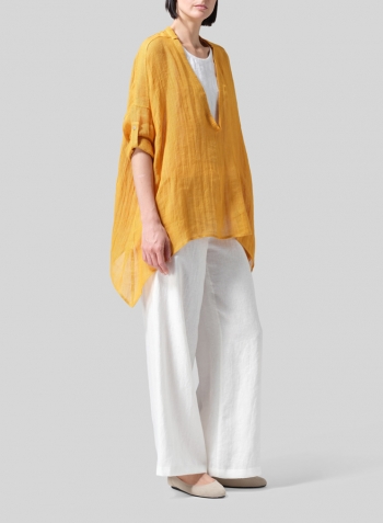 Pale Orange Linen Loose Delicate Deep V-neck Overtop