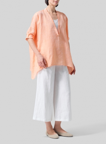 Two Tone Orange Linen Loose Delicate Deep V-neck Overtop