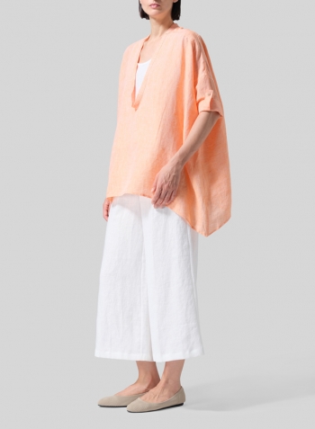 Two Tone Orange Linen Loose Delicate Deep V-neck Overtop