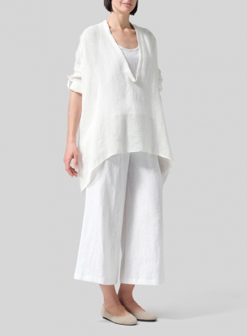 Soft White Linen Loose Delicate Deep V-neck Overtop