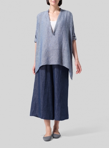 Two Tone Denim Linen Loose Delicate Deep V-neck Overtop
