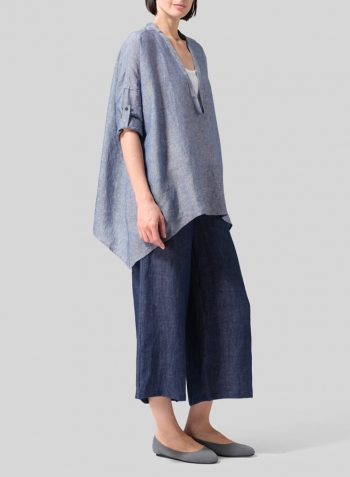 Two Tone Denim Linen Loose Delicate Deep V-neck Overtop