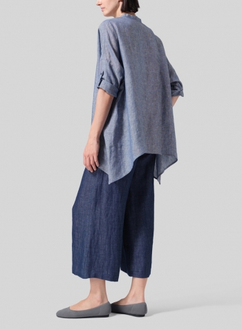 Two Tone Denim Linen Loose Delicate Deep V-neck Overtop