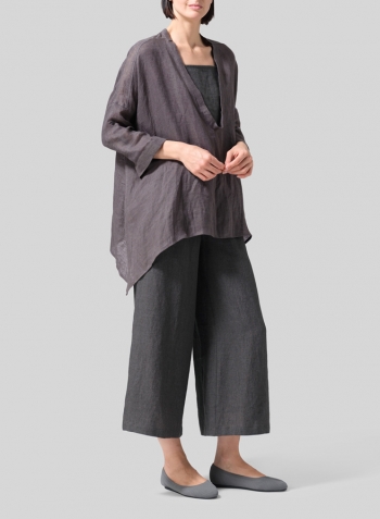 Charcoal Gray Linen Loose Delicate Deep V-neck Overtop