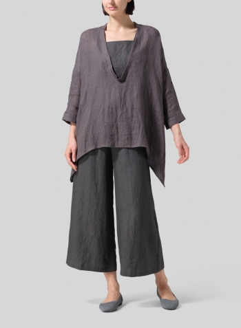 Charcoal Gray Linen Loose Delicate Deep V-neck Overtop