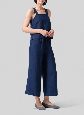 Indigo Blue Linen Square Neckline Button-Back Straight Short Tank Set