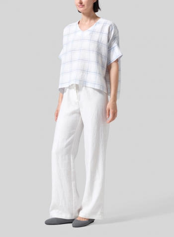 Blue Plaid Linen V-Neck Dropped Shoulder Versatile Top