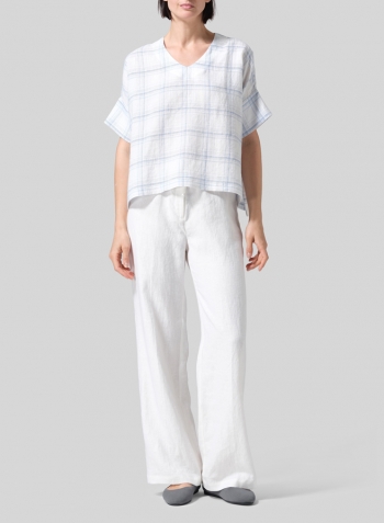 Blue Plaid Linen V-Neck Dropped Shoulder Versatile Top