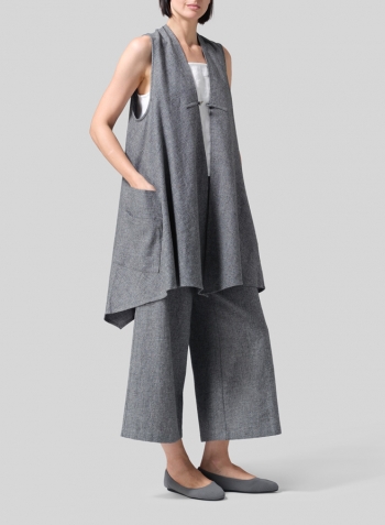 Two Tone Gray Black Linen A-Line Mid-Length Vest