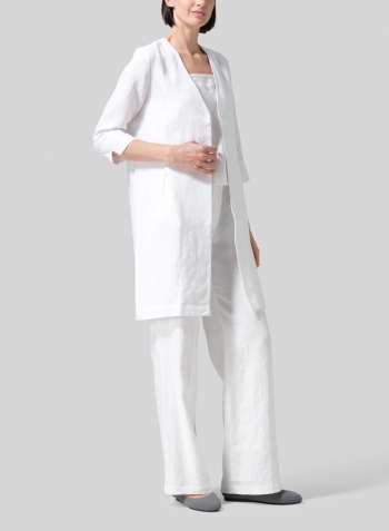 White Linen Straight Fit V-Neck Long Jacket