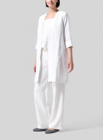 White Linen Straight Fit V-Neck Long Jacket