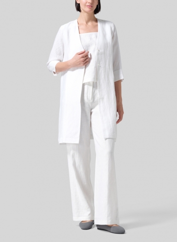 White Linen Straight Fit V-Neck Long Jacket