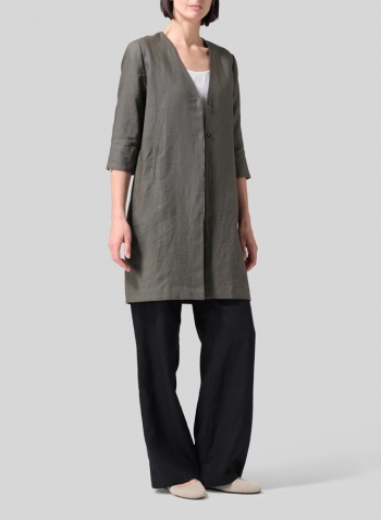 Dark Taupe Linen Straight Fit V-Neck Long Jacket