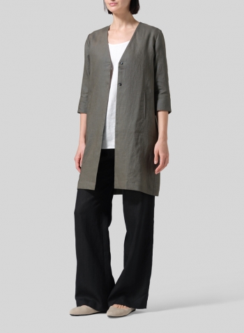Dark Taupe Linen Straight Fit V-Neck Long Jacket