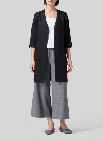 Linen Straight Fit V-Neck Long Jacket