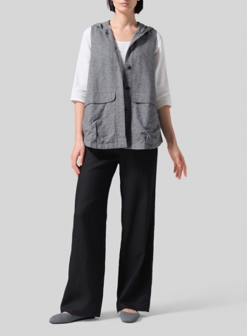 Two Tone Gray Black Linen Hooded Vest Set